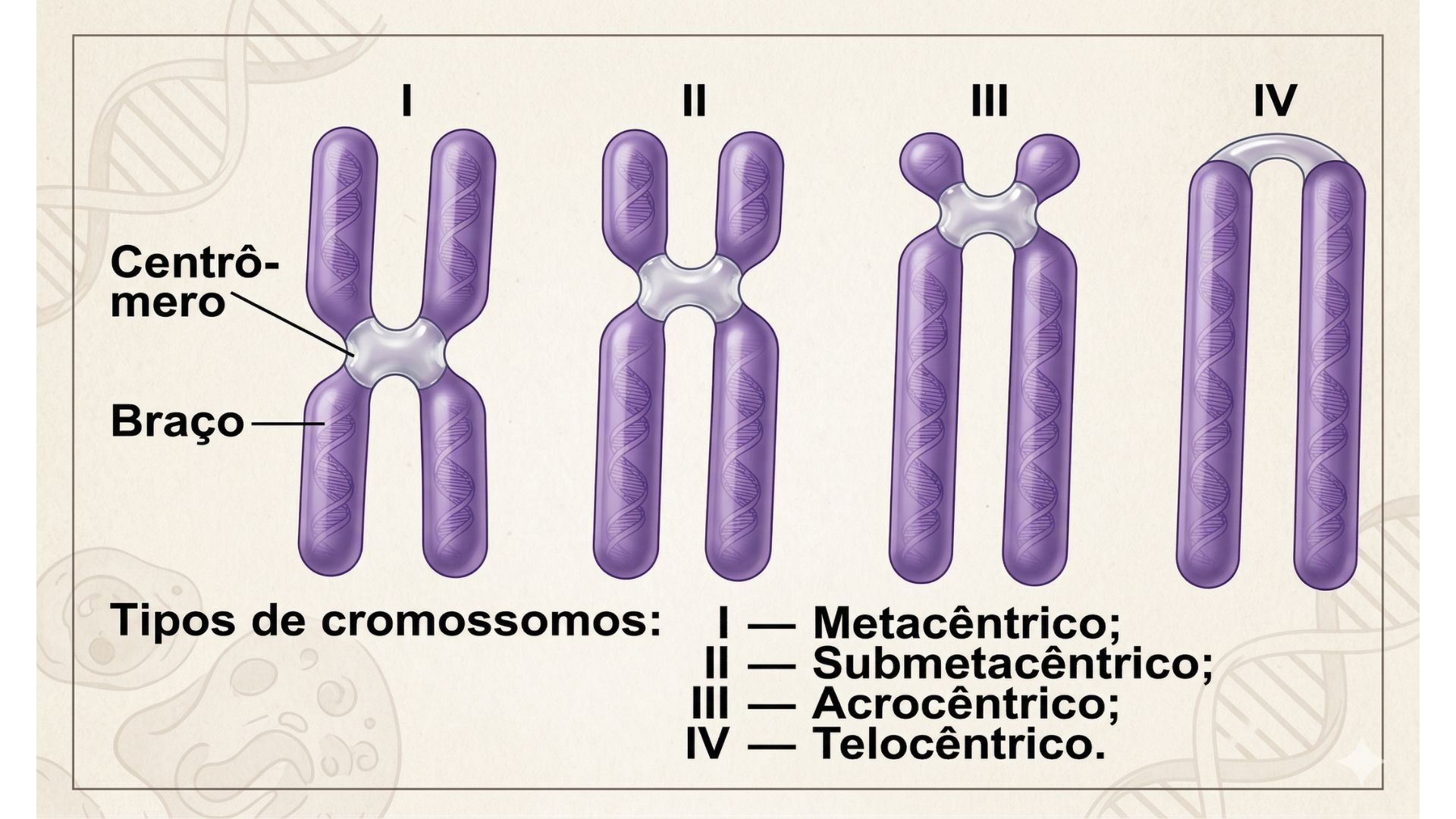 Tipo de cromossomos - metacêntrico, submetacêntrico, acrocêntrico e telocêntrico.