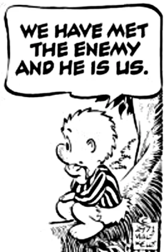 Fonte: https://www.thoughtco.com/present-perfect-grammatical-aspect-1691672
Imagem de um quadrinho em preto e branco de 1971, desenhado por Walt Kelly, do gambá Pogo, que diz “We have met the enemy and he is us.” (Nós encontramos o inimigo e ele somos nós).
